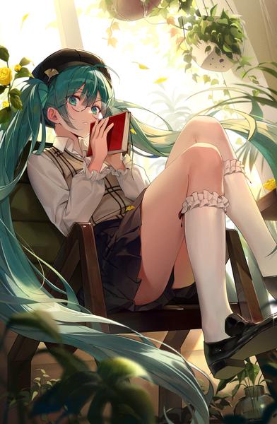 Anime picture 2871x4395 with vocaloid hatsune miku aimitkkays single tall image fringe highres light erotic hair between eyes twintails ahoge very long hair aqua eyes aqua hair bespectacled girl plant (plants) socks glasses book (books)
