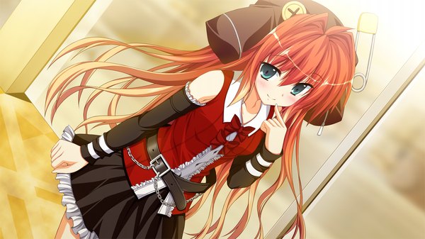 Anime picture 1280x720 with fortissimo//akkord:bsusvier (game) satomura momiji ooba kagerou single long hair blush smile wide image green eyes game cg red hair girl skirt bow