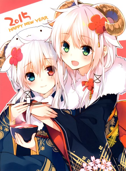 Anime picture 4274x5768 with original anceril sacred mishima kurone long hair tall image highres open mouth blue eyes red eyes multiple girls green eyes absurdres white hair traditional clothes japanese clothes hair flower horn (horns) scan fur trim hug