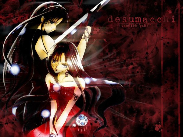 Anime picture 1024x768 with vampire game ishtar (vampire game) duzell mdesigns judal (mangaka) long hair looking at viewer blue eyes black hair bare shoulders copyright name character names third-party edit girl dress boy gloves weapon earrings sword