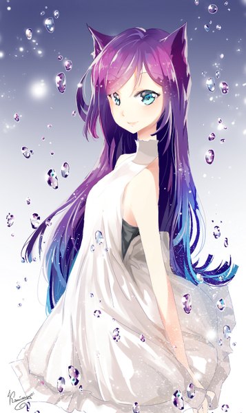 Anime picture 863x1448 with original kaminary single long hair tall image looking at viewer blush fringe smile signed animal ears purple hair glow girl dress sundress