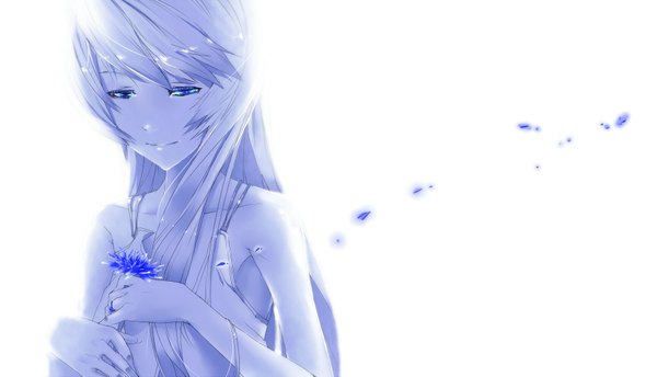 Anime picture 1728x993 with vocaloid megurine luka fuyugasumi single long hair highres blue eyes simple background wide image white background bare shoulders light smile girl flower (flowers) petals jewelry ring sundress