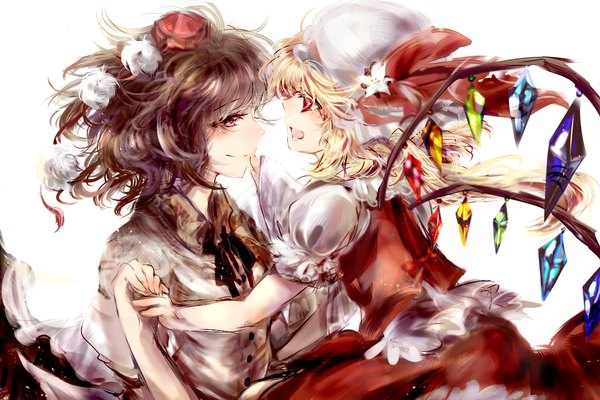 Anime picture 1200x800 with touhou flandre scarlet shameimaru aya sora-pika blush short hair open mouth black hair blonde hair smile red eyes multiple girls ponytail profile short sleeves puffy sleeves side ponytail holding hands shoujo ai eye contact