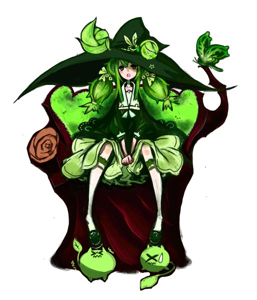 Anime picture 1998x2334 with original kiku (kicdoc) single long hair tall image looking at viewer blush highres open mouth simple background white background sitting twintails green eyes green hair fantasy witch girl skirt plant (plants)