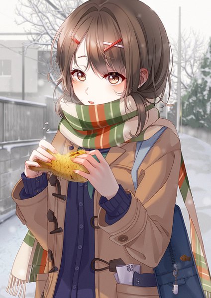 Anime picture 870x1230 with original unjem single long hair tall image looking at viewer blush fringe open mouth brown hair standing holding brown eyes outdoors long sleeves blurry open clothes depth of field snowing winter
