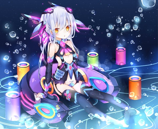 Anime picture 1220x1000 with original chico152 single long hair looking at viewer blush fringe light erotic sitting yellow eyes silver hair :o glowing glow girl detached sleeves bubble (bubbles)