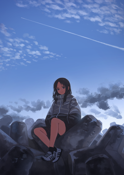 Anime picture 1447x2047 with original kaneni single long hair tall image black hair smile sitting sky cloud (clouds) full body outdoors black eyes hands in pockets condensation trail girl socks shoes black socks sneakers