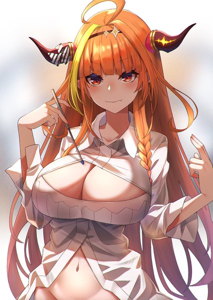 Anime picture 1200x1690 with virtual youtuber hololive kiryuu coco ashisi single long hair tall image looking at viewer fringe breasts light erotic red eyes large breasts standing cleavage ahoge blunt bangs braid (braids) multicolored hair horn (horns)