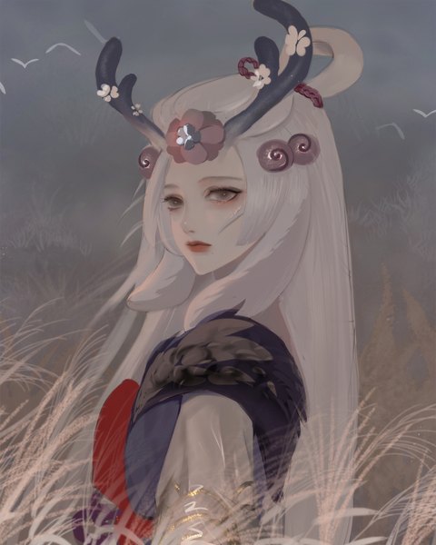 Anime picture 2000x2500 with league of legends lillia (league of legends) spirit blossom lillia mofa shaonu quan single long hair tall image highres animal ears looking away silver hair upper body outdoors horn (horns) black eyes lipstick red lipstick girl hair ornament plant (plants)