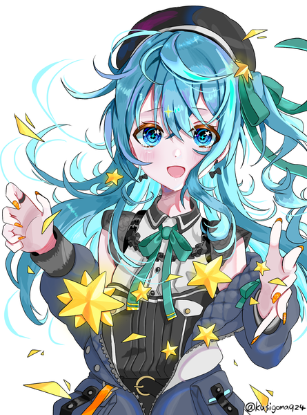 Anime picture 1569x2115 with virtual youtuber hololive hoshimachi suisei hoshimachi suisei (3rd costume) kushigoma single long hair tall image looking at viewer fringe open mouth blue eyes simple background hair between eyes white background blue hair nail polish :d one side up official alternate costume