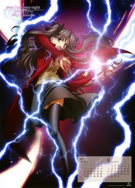 Anime picture 4309x5996 with fate (series) fate/stay night toosaka rin single long hair tall image looking at viewer highres open mouth blue eyes black hair absurdres scan magic lightning calendar 2011 girl thighhighs skirt bow