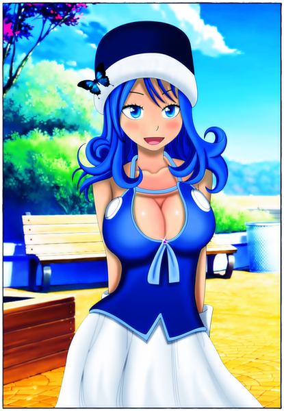 Anime picture 1403x2026 with fairy tail juvia lockser drago686 single long hair tall image blush breasts open mouth blue eyes light erotic large breasts blue hair sky cloud (clouds) coloring drill hair girl skirt plant (plants)