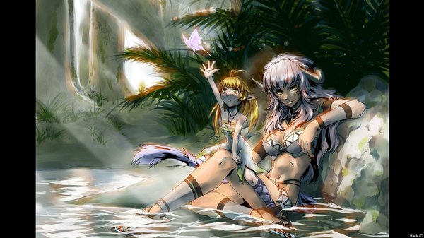 Anime picture 1920x1080 with original kamotama long hair highres light erotic blonde hair wide image multiple girls yellow eyes silver hair horn (horns) pointy ears midriff legs elf cropped pillarboxed girl 2 girls plant (plants)