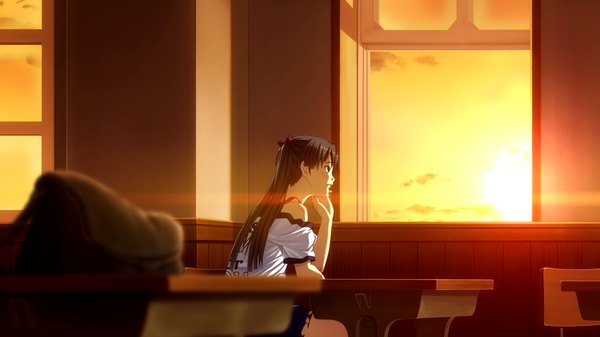 Anime picture 1024x576 with suigetsu 2 long hair black hair wide image twintails game cg black eyes evening sunset girl window