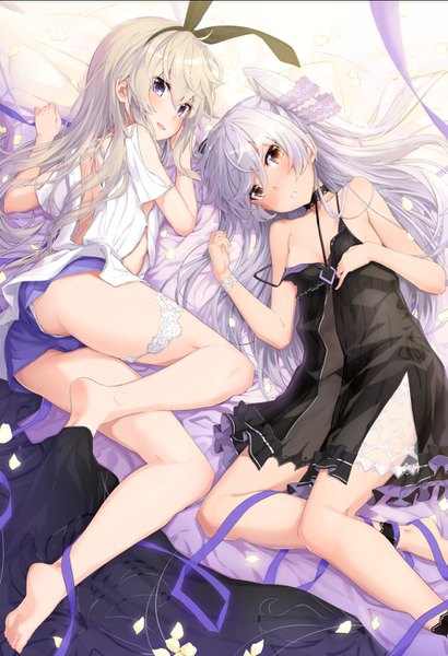Anime picture 889x1300 with kantai collection shimakaze destroyer amatsukaze destroyer takanashi kei (hitsujikan) long hair tall image looking at viewer blush fringe breasts open mouth blue eyes light erotic blonde hair hair between eyes bare shoulders multiple girls yellow eyes silver hair bent knee (knees)