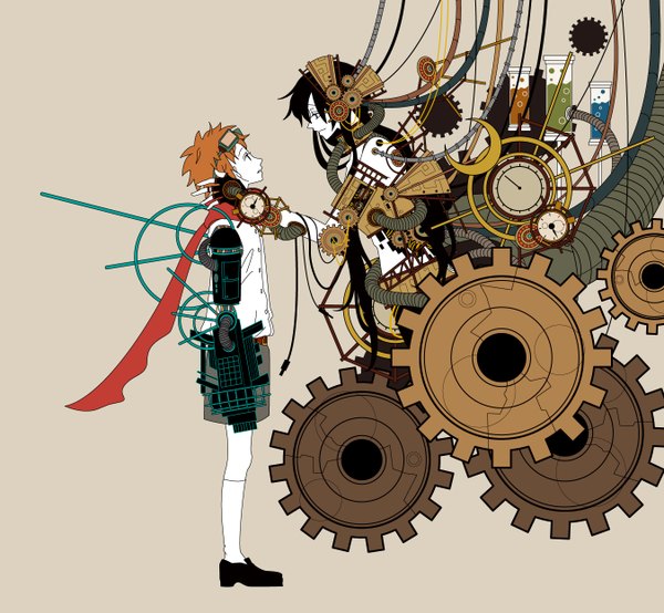 Anime picture 1350x1248 with original haruichi long hair short hair black hair simple background profile orange hair grey background couple crescent mechanical mechanical parts girl boy glasses wire (wires) robot gears