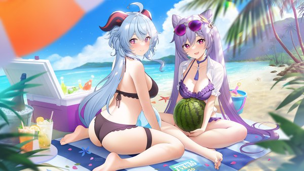 Anime picture 8104x4558 with genshin impact ganyu (genshin impact) keqing (genshin impact) fukuro ko (greentea) long hair looking at viewer blush fringe highres breasts open mouth light erotic smile hair between eyes wide image large breasts sitting purple eyes twintails multiple girls