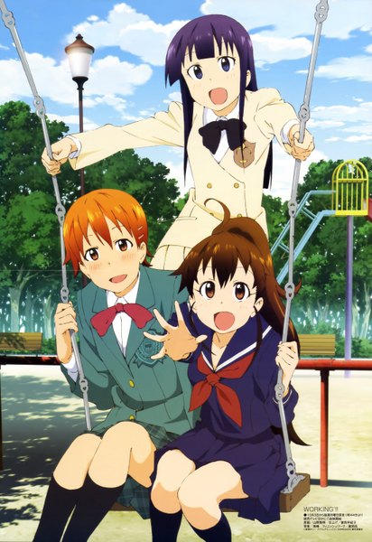 Anime picture 4078x5938 with working!! a-1 pictures megami magazine yamada aoi taneshima popura inami mahiru long hair tall image highres short hair open mouth blue eyes red eyes brown hair multiple girls brown eyes absurdres purple hair orange hair official art