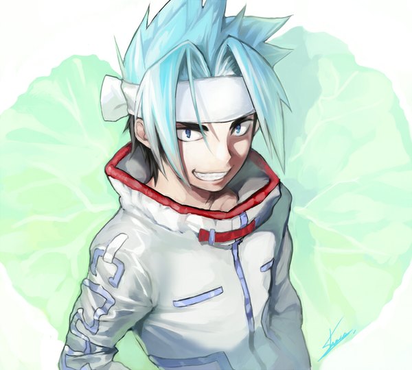 Anime picture 800x720 with shaman king xebec usui horokeu single looking at viewer short hair blue eyes smile signed multicolored hair from above lips two-tone hair teeth eyebrows boy leaf (leaves)