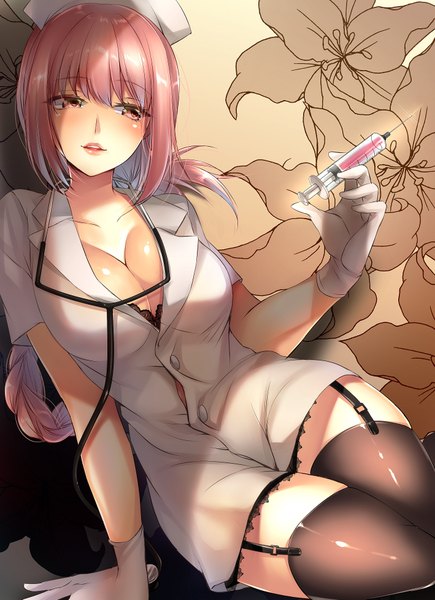 Anime picture 1418x1953 with fate (series) fate/grand order florence nightingale (fate) mia (gute-nacht-07) single long hair tall image blush fringe breasts light erotic hair between eyes large breasts holding payot looking away pink hair braid (braids) parted lips pink eyes