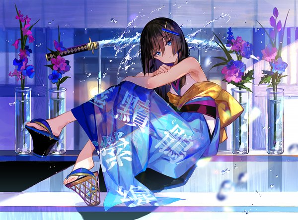 Anime picture 1500x1110 with original fuzichoco single long hair looking at viewer fringe blue eyes black hair hair between eyes full body hieroglyph crossed arms clothes writing girl hair ornament flower (flowers) weapon sword water katana
