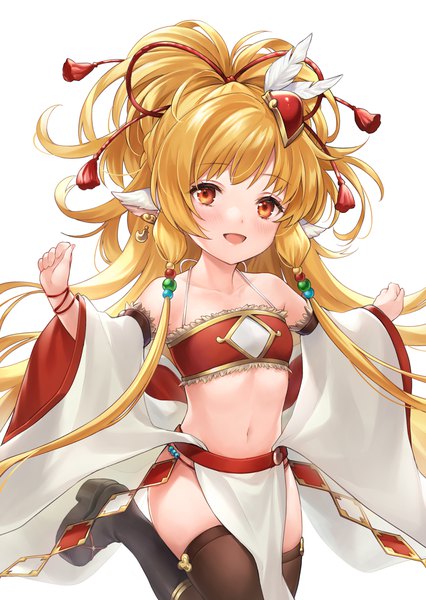 Anime picture 1066x1500 with granblue fantasy mahira (granblue fantasy) shiao single long hair tall image looking at viewer open mouth simple background blonde hair red eyes white background animal ears ponytail :d spread arms harvin girl thighhighs navel