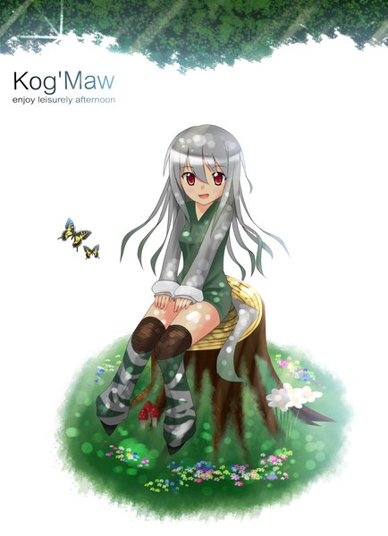 Anime picture 2417x3337 with league of legends kog'maw (league of legends) single long hair tall image looking at viewer blush highres open mouth red eyes white background grey hair genderswap girl insect butterfly
