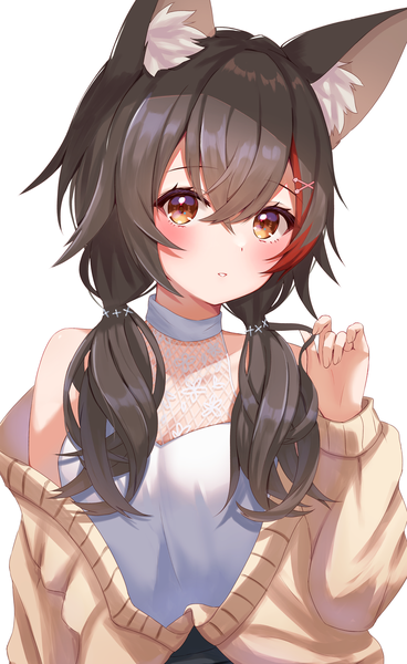 Anime-Bild 1754x2861 mit virtual youtuber hololive ookami mio ookami mio (5th costume) thorny single long hair tall image fringe highres simple background hair between eyes brown hair white background twintails brown eyes animal ears upper body multicolored hair streaked hair