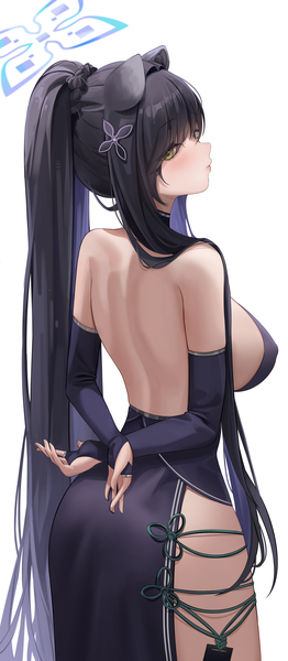 Anime picture 2182x5000 with blue archive shun (blue archive) manus (manuspupa) single long hair tall image looking at viewer blush fringe highres breasts light erotic black hair simple background large breasts standing white background green eyes animal ears payot