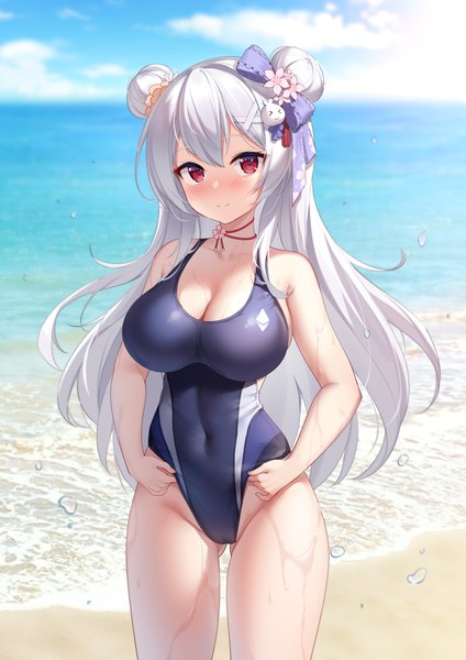 Anime picture 2480x3508 with niliu chahui tokisaki mio single long hair tall image looking at viewer blush fringe highres breasts light erotic hair between eyes red eyes large breasts standing sky cleavage silver hair cloud (clouds) outdoors