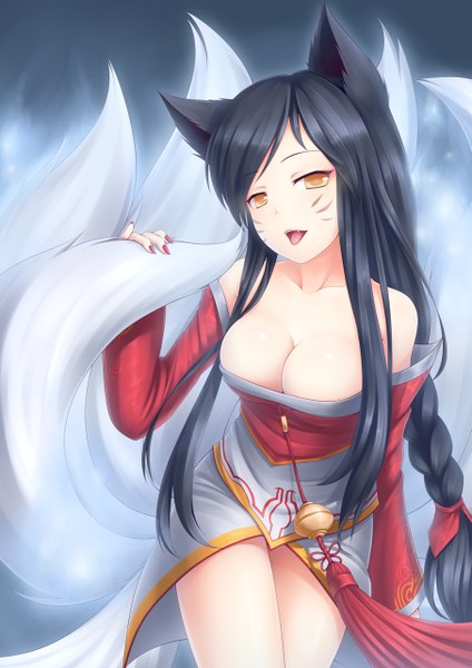 Anime picture 905x1280 with league of legends ahri (league of legends) ricegnat single long hair tall image breasts open mouth light erotic black hair large breasts bare shoulders animal ears yellow eyes tail braid (braids) nail polish animal tail single braid facial mark