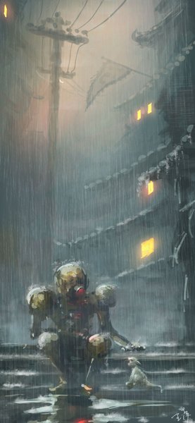Anime picture 1780x3850 with original wlop tall image highres outdoors rain no people animal window cat stairs flag robot power lines japanese house puddle