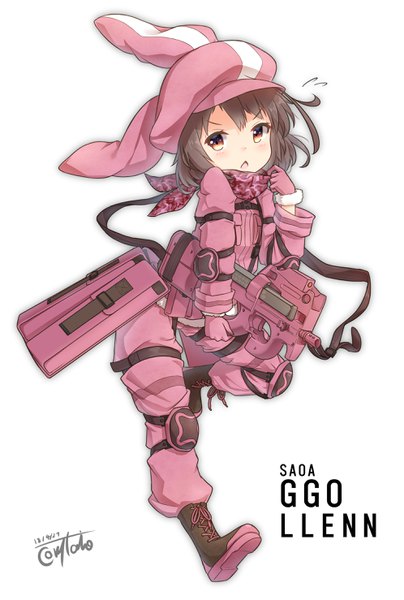 Anime picture 1990x2956 with sword art online sword art online alternative: gun gale online a-1 pictures llenn (sao) coreytaiyo single tall image looking at viewer blush fringe highres short hair open mouth simple background brown hair white background holding brown eyes signed full body