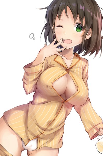 Anime picture 581x880 with idolmaster idolmaster cinderella girls harada miyo fay (fay axl) single tall image looking at viewer blush fringe short hair breasts open mouth light erotic simple background brown hair large breasts standing white background holding green eyes