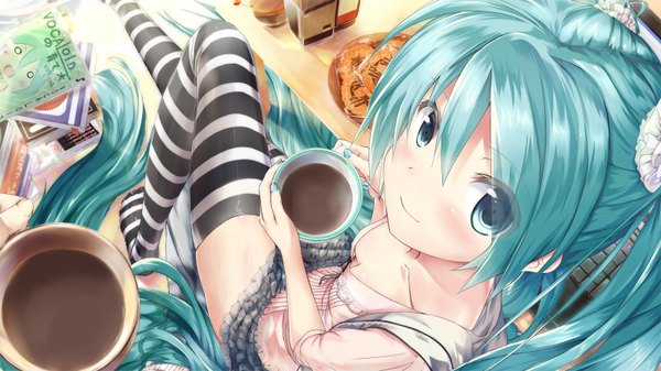 Anime picture 1600x900 with vocaloid hatsune miku daidou (demitasse) single long hair looking at viewer blush wide image twintails aqua eyes aqua hair girl thighhighs dress skirt miniskirt striped thighhighs cup
