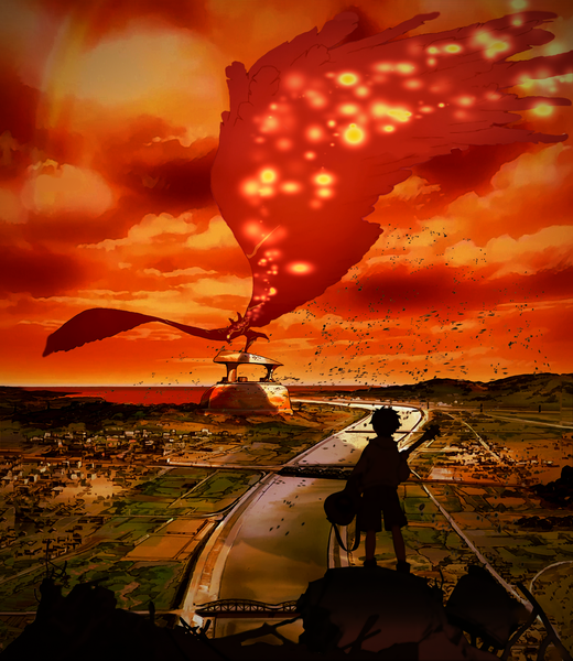 Anime picture 2219x2560 with flcl gainax nandaba naota atomsk tall image highres short hair sky cloud (clouds) city cityscape silhouette river wings shorts guitar bridge