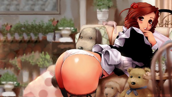 Anime picture 1920x1080 with blush highres light erotic red eyes brown hair wide image ass maid drill hair thighhighs underwear panties dog