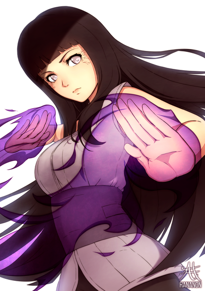 Anime picture 744x1052 with naruto studio pierrot naruto (series) hyuuga hinata hananon single long hair tall image looking at viewer black hair simple background white background signed lips grey eyes magic fighting stance byakugan girl clothes