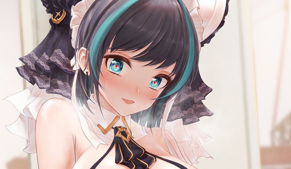 Anime picture 1200x697 with azur lane cheshire (azur lane) bae.c single looking at viewer blush fringe short hair breasts open mouth light erotic black hair smile wide image large breasts bare shoulders upper body indoors head tilt :d