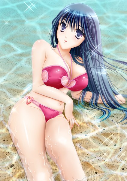 Anime picture 1748x2480 with single long hair tall image highres breasts light erotic large breasts purple eyes blue hair girl navel swimsuit bikini water