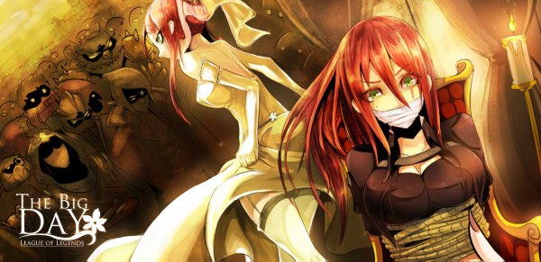 Anime picture 1200x583 with league of legends katarina (league of legends) beanbean1988 single long hair looking at viewer breasts wide image bare shoulders green eyes looking away red hair scar bondage girl thighhighs dress gloves bow hair bow