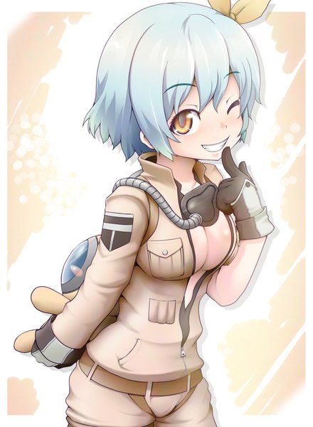 Anime picture 1667x2274 with s4 league fumbi (s4 league) saji single tall image blush short hair breasts open mouth light erotic simple background smile white background brown eyes blue hair cleavage one eye closed wink open clothes open jacket