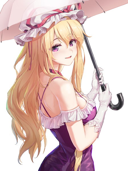 Anime picture 2100x2800 with touhou yakumo yukari minust single long hair tall image looking at viewer blush fringe highres breasts open mouth light erotic simple background blonde hair smile hair between eyes large breasts standing white background