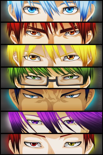 Anime picture 2000x3020 with kuroko no basket production i.g kuroko tetsuya kise ryouta aomine daiki akashi seijuurou midorima shintarou murasakibara atsushi kagami taiga naruble tall image looking at viewer highres short hair blue eyes blonde hair red eyes purple eyes green eyes yellow eyes