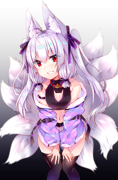 Anime picture 857x1300 with original usagihime single long hair tall image looking at viewer blush fringe breasts light erotic simple background smile hair between eyes red eyes standing bare shoulders animal ears cleavage silver hair ahoge