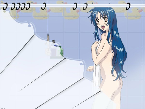 Anime picture 1600x1200 with full metal panic! gonzo chidori kaname long hair open mouth light erotic yellow eyes blue hair covering nude cover girl towel