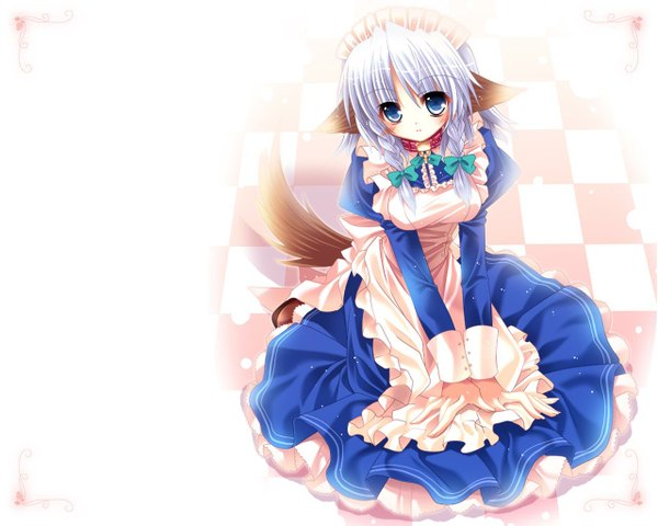 Anime picture 1280x1024 with touhou izayoi sakuya capura lin single looking at viewer blush short hair animal ears silver hair tail braid (braids) animal tail maid wallpaper twin braids dog ears dog tail girl dress ribbon (ribbons)