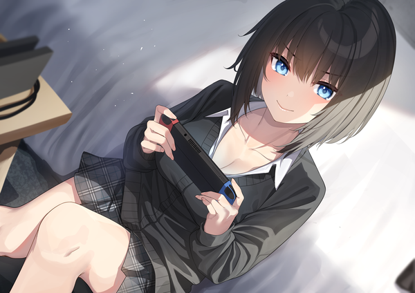 Anime picture 4093x2894 with original nintendo go-1 single looking at viewer fringe highres short hair breasts blue eyes black hair smile large breasts sitting holding absurdres cleavage bent knee (knees) indoors blunt bangs