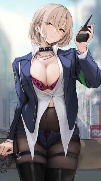 Anime picture 2480x4431 with original poorly dressed policewoman (chela77) chela77 single tall image looking at viewer blush fringe highres short hair breasts light erotic hair between eyes large breasts standing holding brown eyes cleavage long sleeves nail polish