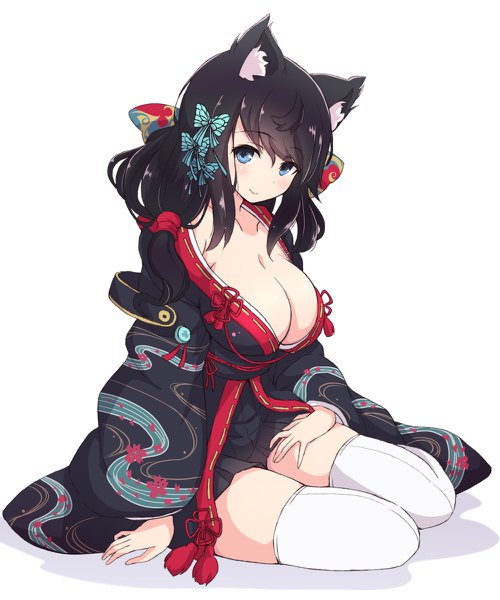 Anime picture 1000x1200 with azur lane fusou (azur lane) mel (melty pot) single long hair tall image looking at viewer blush fringe breasts blue eyes light erotic black hair simple background smile hair between eyes large breasts white background sitting animal ears